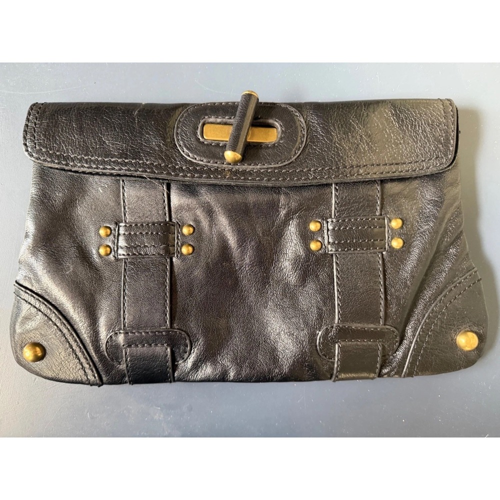 Hype Black Leather Studded Clutch Bag Brass Hardware Turnlock Toggle Closure